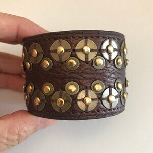 Rare Vintage Cole Haan Brown Leather Ornate Copper Discs and Studs Bracelet/Cuff